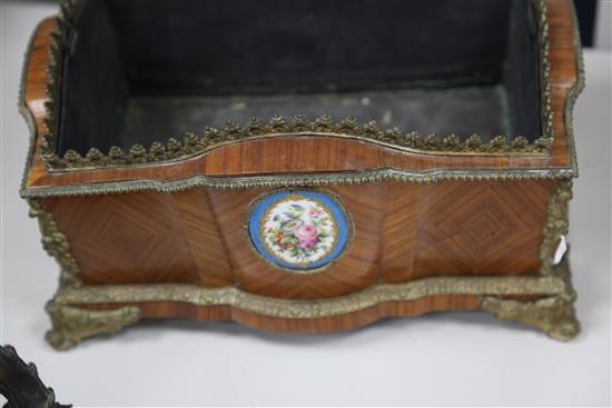 A Louis XVI style French kingwood and ormolu mounted rectangular shaped jardiniere, 14in.